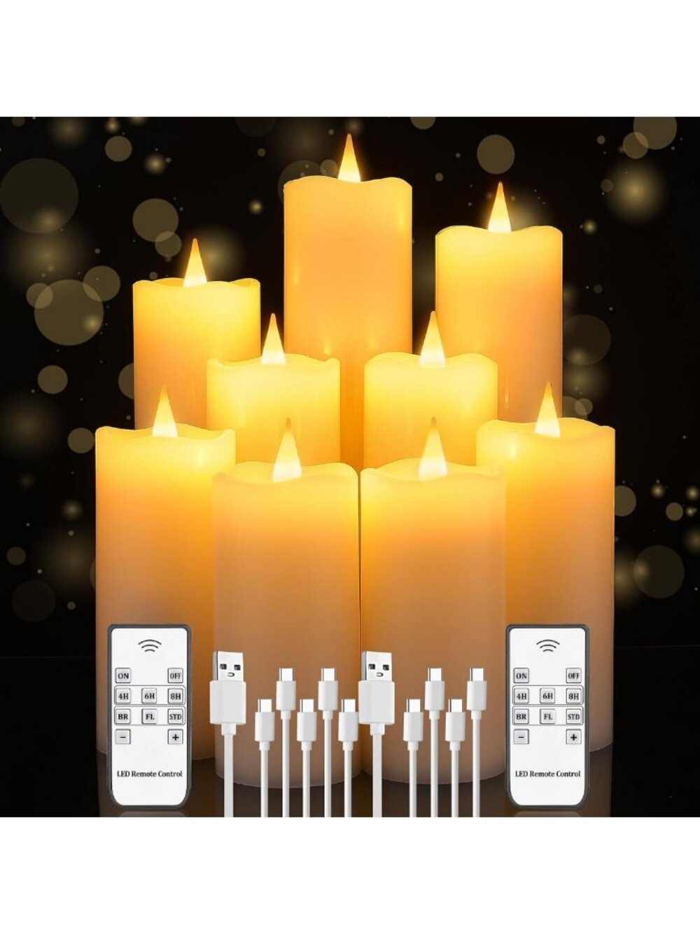Rechargeable LED Flameless Candles with Remote & Timer - 9 Pack White Pillar